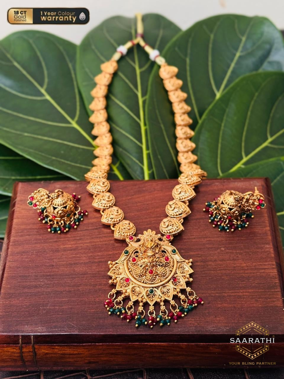 Ambi 18CT Gold-Polished Long Haram Necklace Set with Goddess Lakshmi Motif