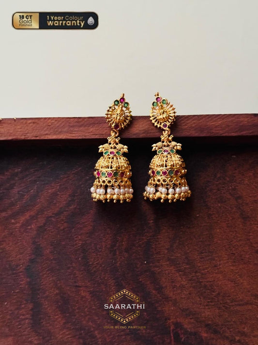 Kanika 18 CT Gold-Polished Lakshmi Jimikkis/Jhumkas with Pearl Detailing