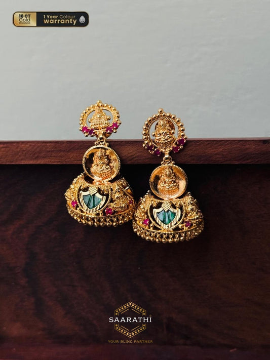 Bhavya 18CT Gold-Polished Palakka Jimikkis/Jhumkas with Goddess Lakshmi Motif