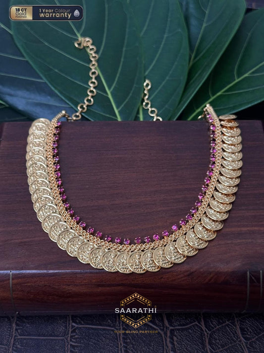 18 CT Gold-Polished Kaashu Maala/ Coin Necklace with Lakshmi motifs and Red Stone Detailing