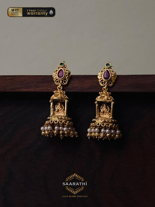 Saubhagyavati 18CT Gold-Polished Lakshmi Jimikkis/Jhumkas with Pearl Detailing