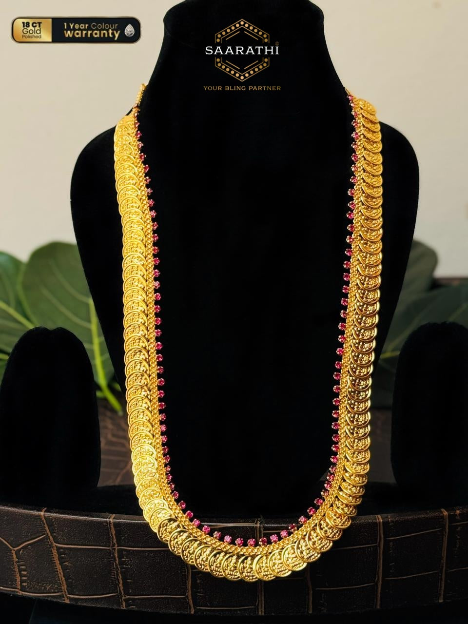 18CT Gold-Polished Long Haram Kaashu Maala/Coin Necklace with Goddess Lakshmi Motifs and  Red Stone Detailing