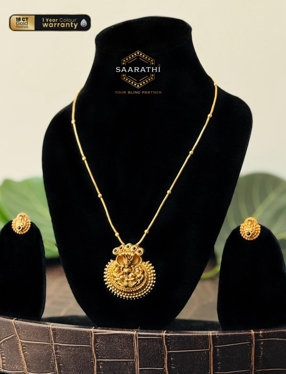 Ulupi 18 CT Gold-Polished Haram Necklace Set with Goddess Lakshmi and Naga Motif