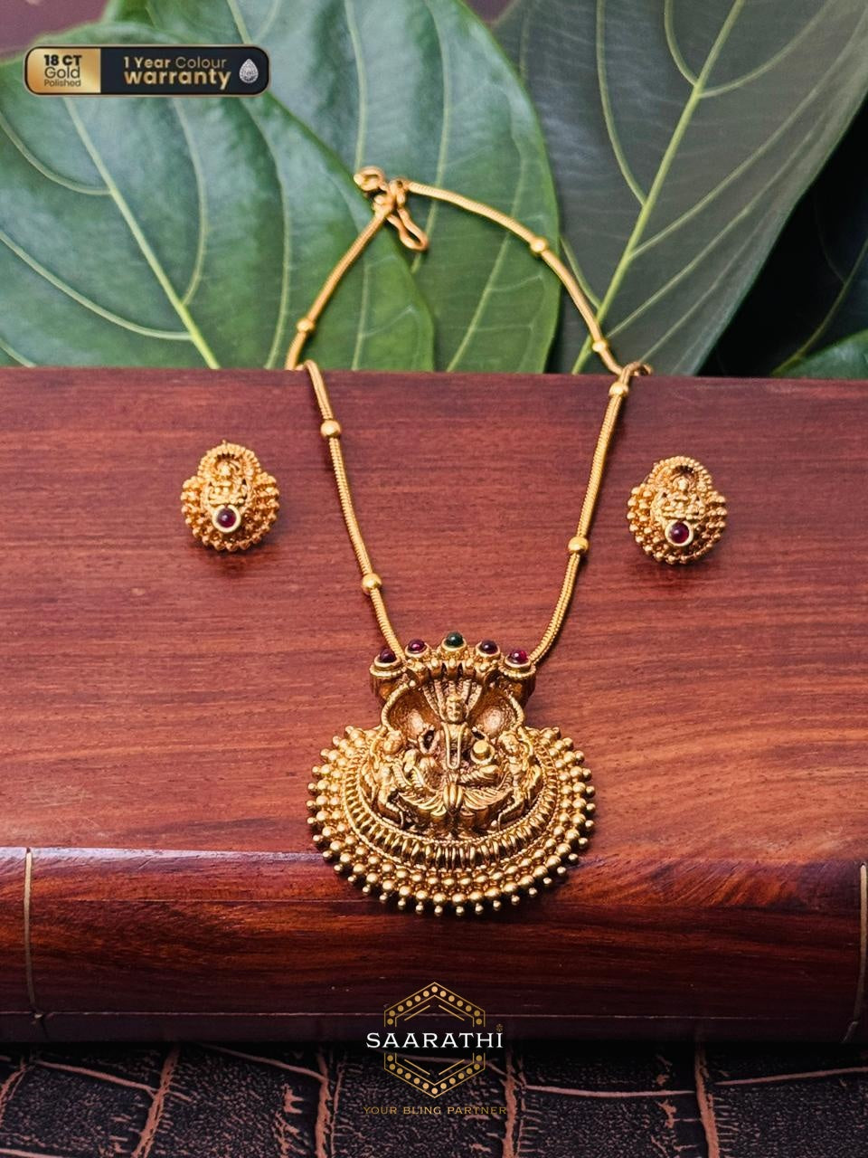 Ulupi 18 CT Gold-Polished Haram Necklace Set with Goddess Lakshmi and Naga Motif