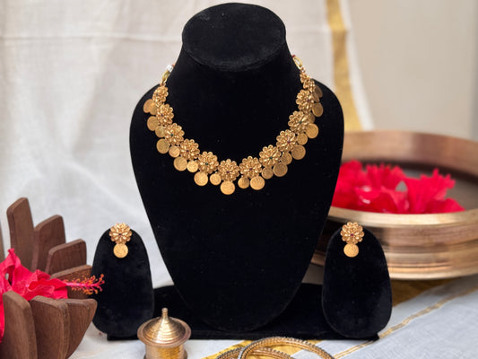 Swarnasya Floral Mesh Coin Necklace set with Laxmi motif