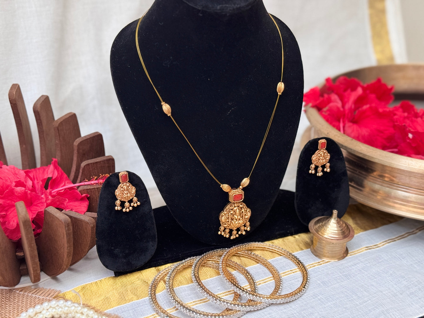 Devika Coral Pendant Necklace with Coral Drop Earrings