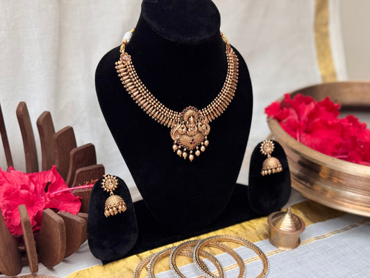 Traditional Mullamottu-inspired Laxmi Necklace set with Gold Jhumkis