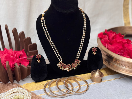 Neeraja Waterlily Necklace set with delicate Pearl chain and Drop Earrings