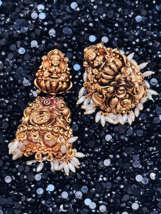 Kamala intricately crafted Jhumkis with Rice Pearl dangles