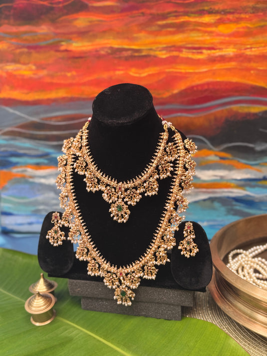 Radhika Pearl Guttapusalu double Haram Necklace set with Drop Earrings