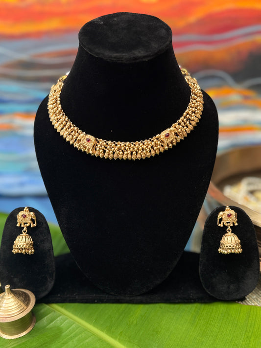 Gold Gajagamini Guttapusalu Necklace set with Jhumkis
