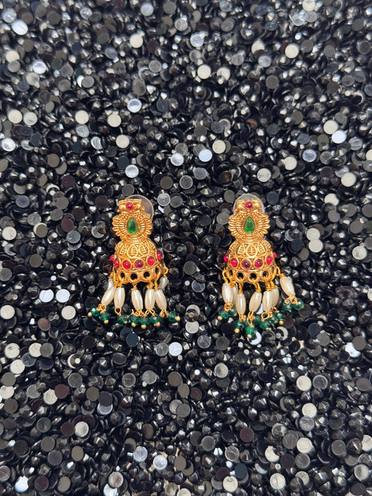 Green Jhumkis with Rice Pearl dangles