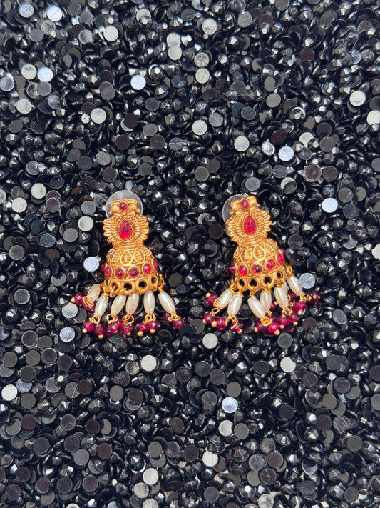 Red jhumkis with Rice Pearl dangles