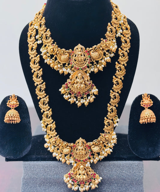 Lotus Mahalaxmi double Necklace set with Mahalaxmi Jhumkis