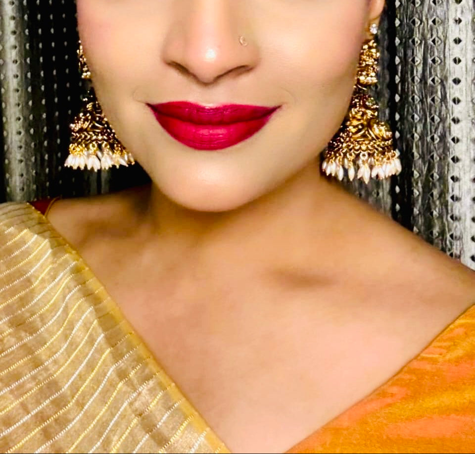 Kamala intricately crafted Jhumkis with Rice Pearl dangles