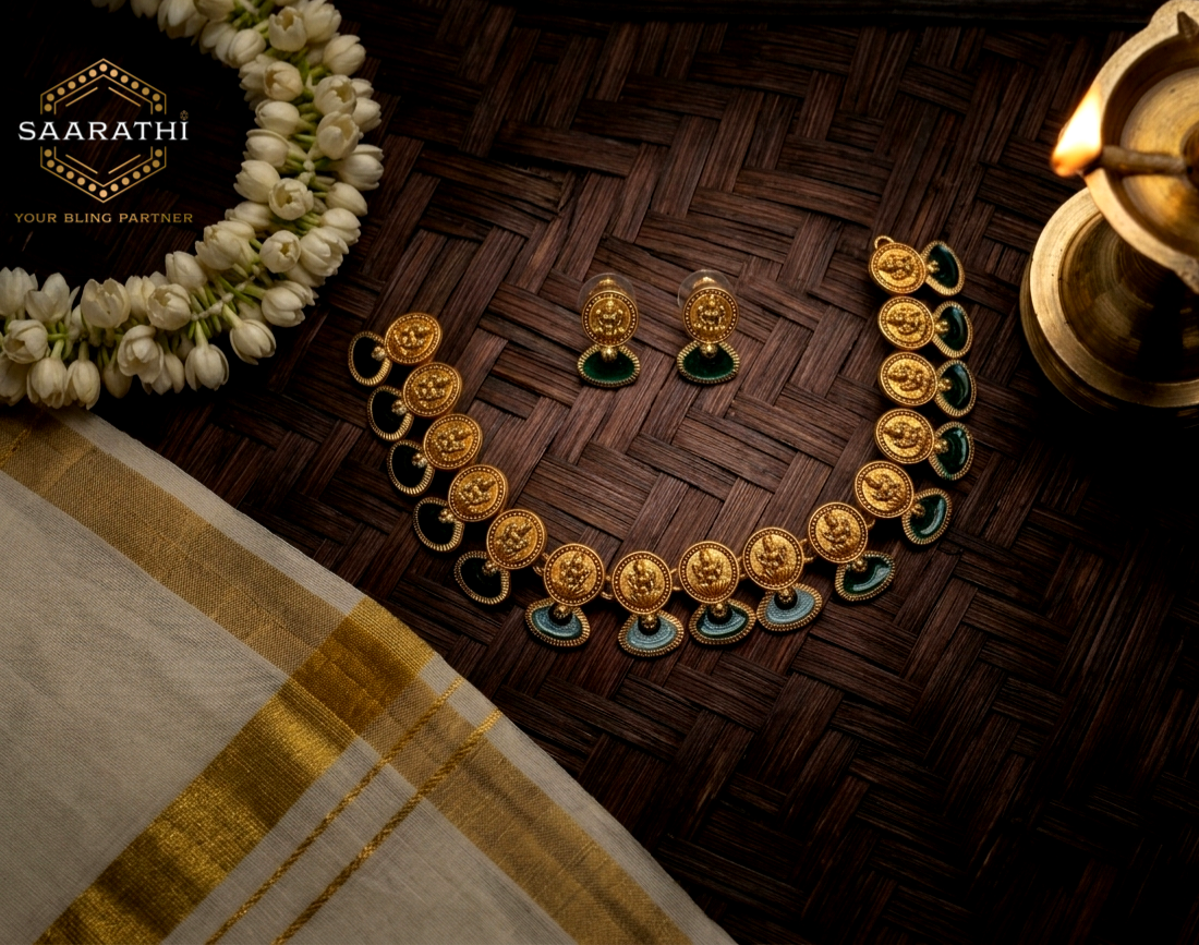 Gold-Toned Green Lakshmi Necklace Set