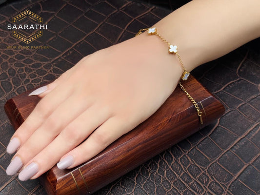 Gold-Toned White Clover Charm Bracelet