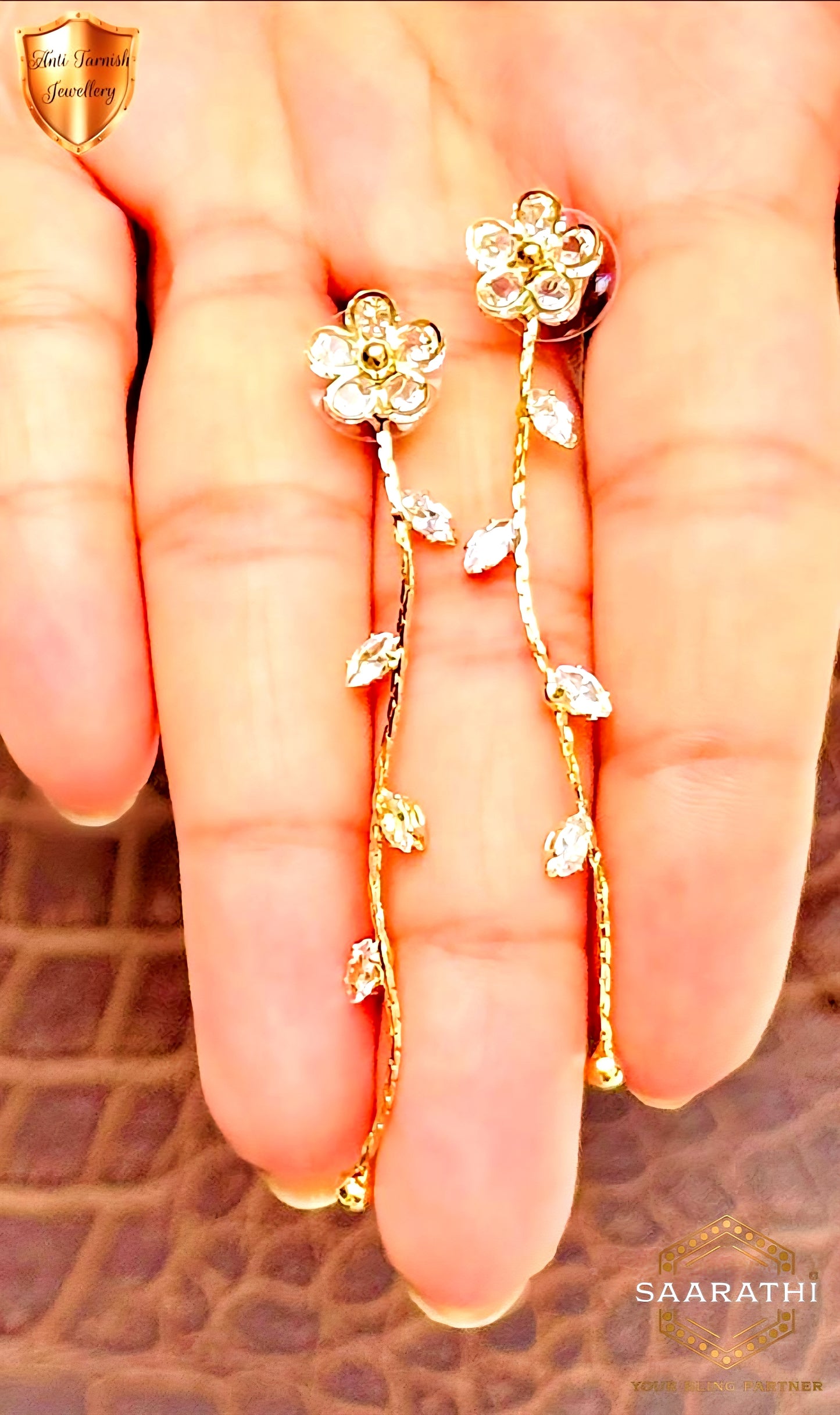 Gold-Toned Anti-Tarnish CZ-Studded Floral Vine Drop Earrings