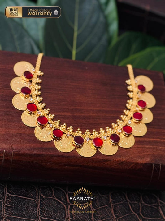 Mudrika 18CT Gold-Polished Kaashu Haram Necklace with Red Stone Detailing