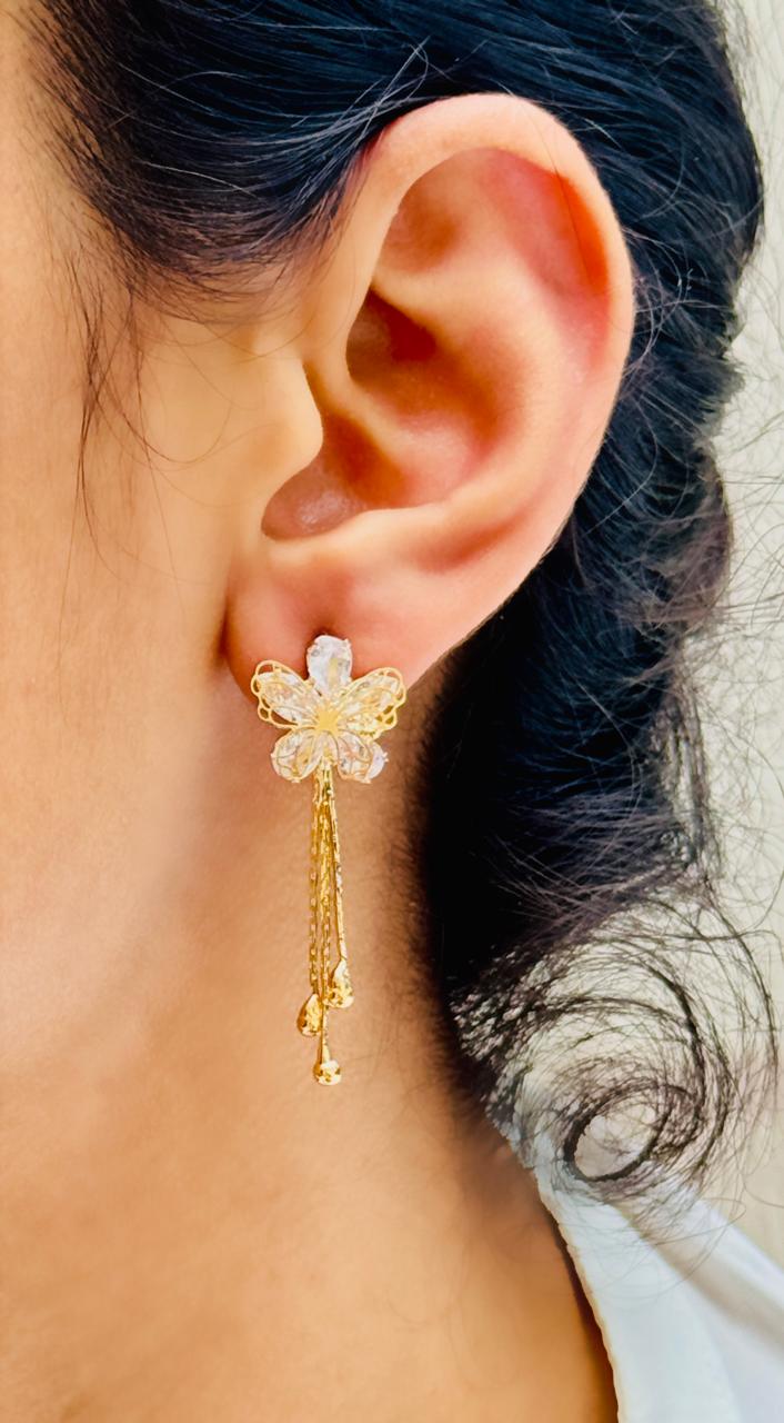 Gold-Toned Anti-Tarnish CZ Flower and Butterfly Dangle Earrings with Gold Bead Tassels