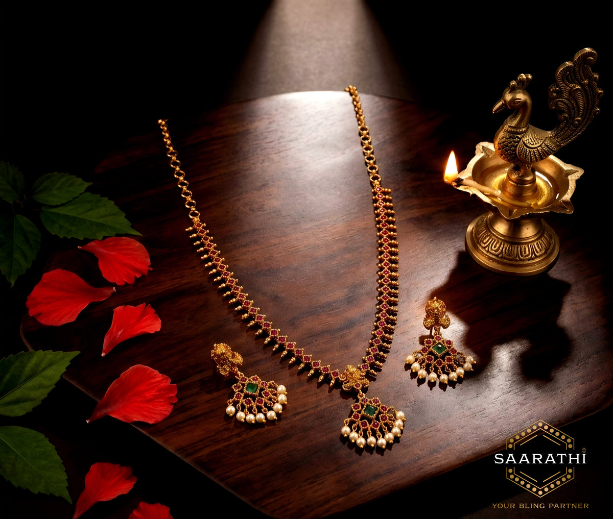 Traditional Gold-Toned Ruby-Red and Emerald-Green Pearl Necklace Set