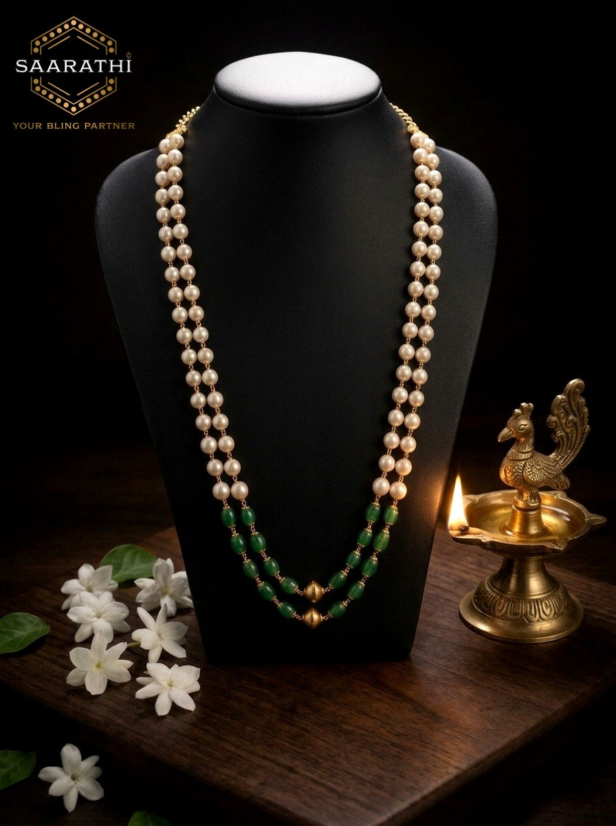 Gold-Toned Pearl and Green Beaded Double-Layered Necklace