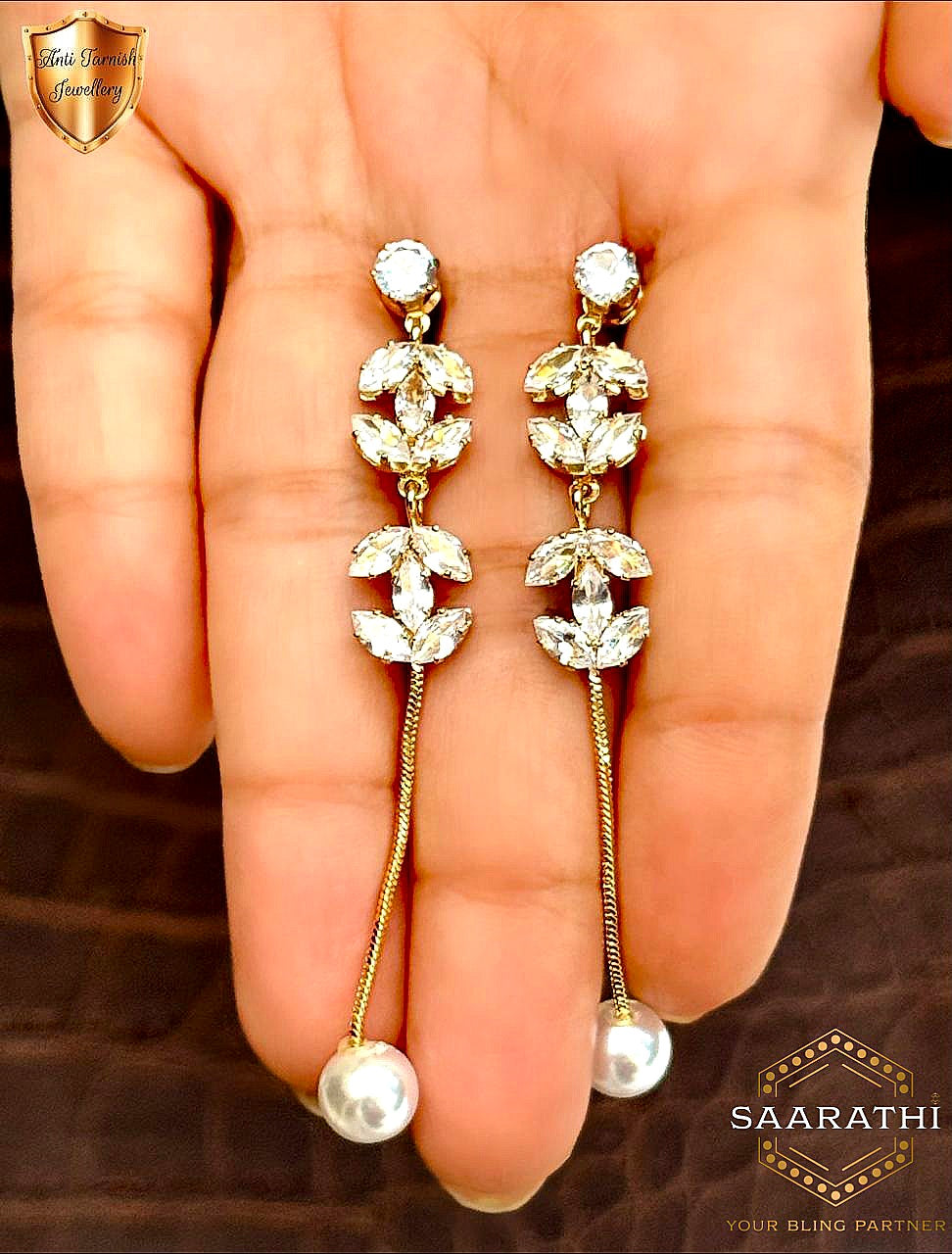 Geometric Gold-Toned Anti-Tarnish CZ and Pearl Dangle Earrings