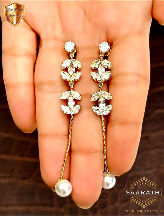 Geometric Gold-Toned Anti-Tarnish CZ and Pearl Dangle Earrings
