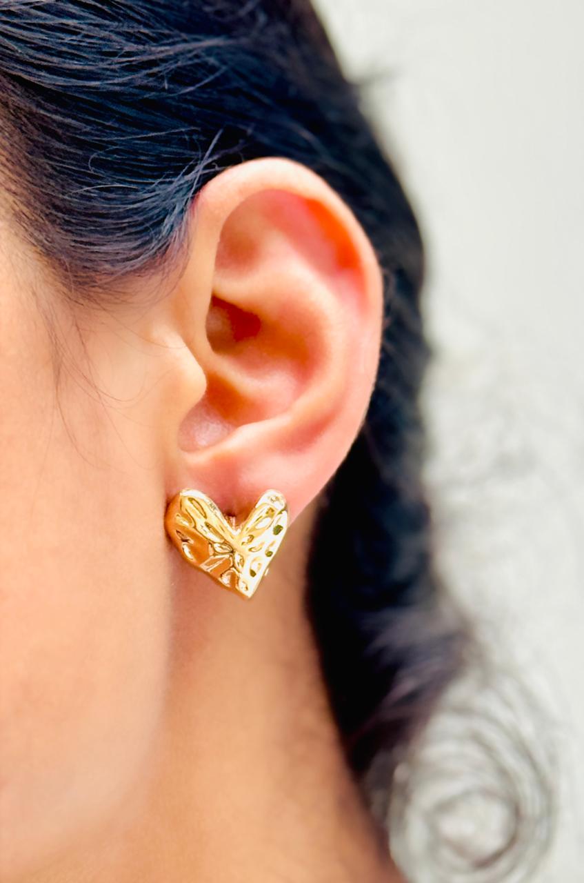 Gold-Toned Anti-Tarnish Minimalist Textured Heart Studs