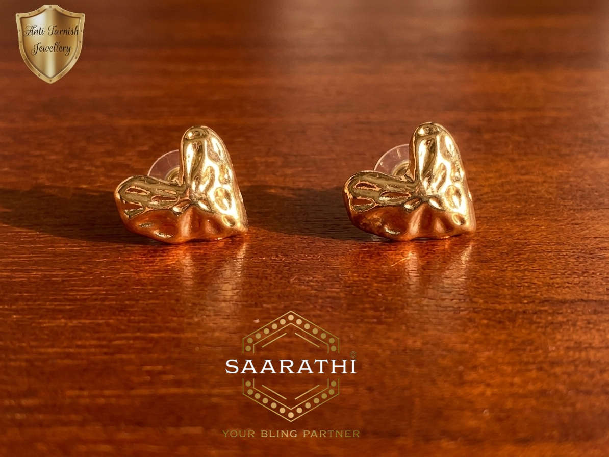Gold-Toned Anti-Tarnish Minimalist Textured Heart Studs