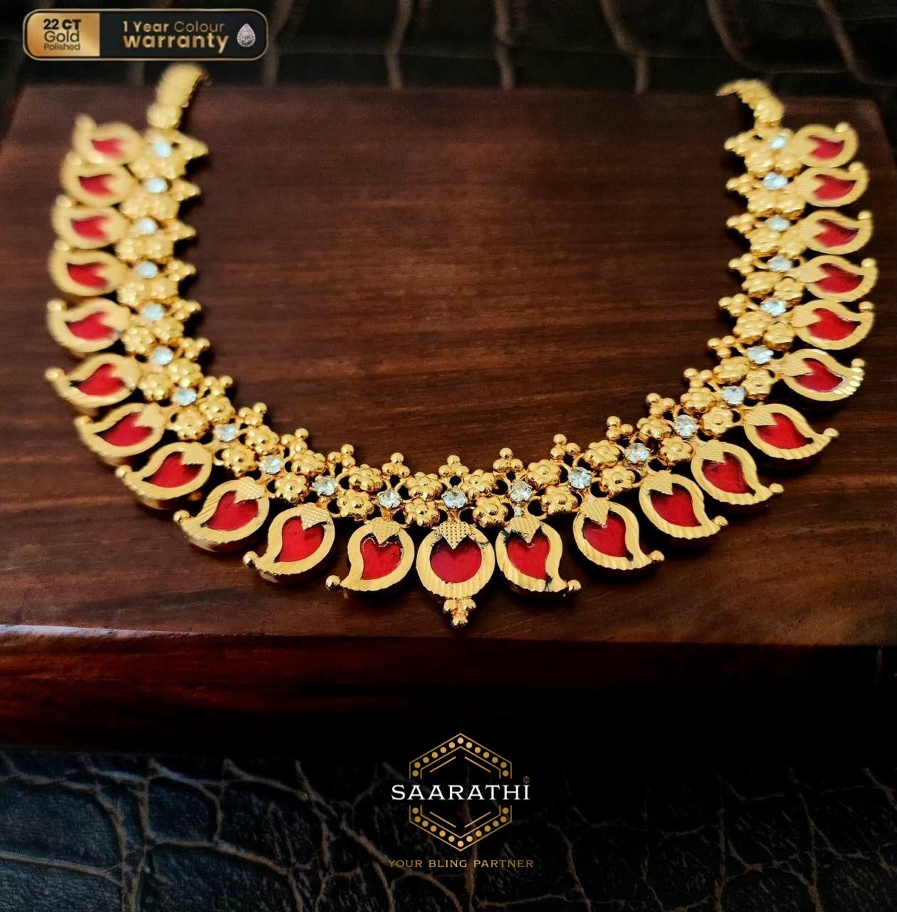Traditional 22CT Gold-Polished Red Maanga Maala/Necklace