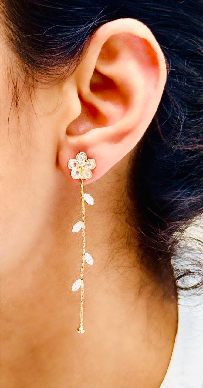 Gold-Toned Anti-Tarnish CZ-Studded Floral Vine Drop Earrings