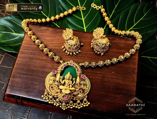 Sreevalli Gold-Beaded Palakka Lakshmi Necklace Set with Jhumkas