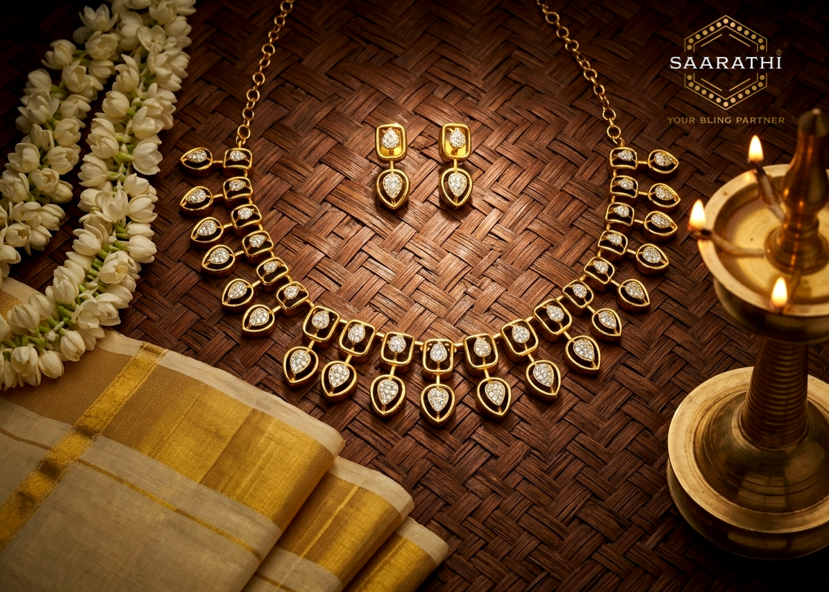 Contemporary Glittering White CZ-Studded Statement Necklace Set with CZ Drop Earrings