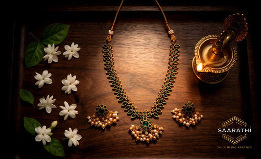 Traditional South Indian Gold-Toned Green Pearl Necklace Set
