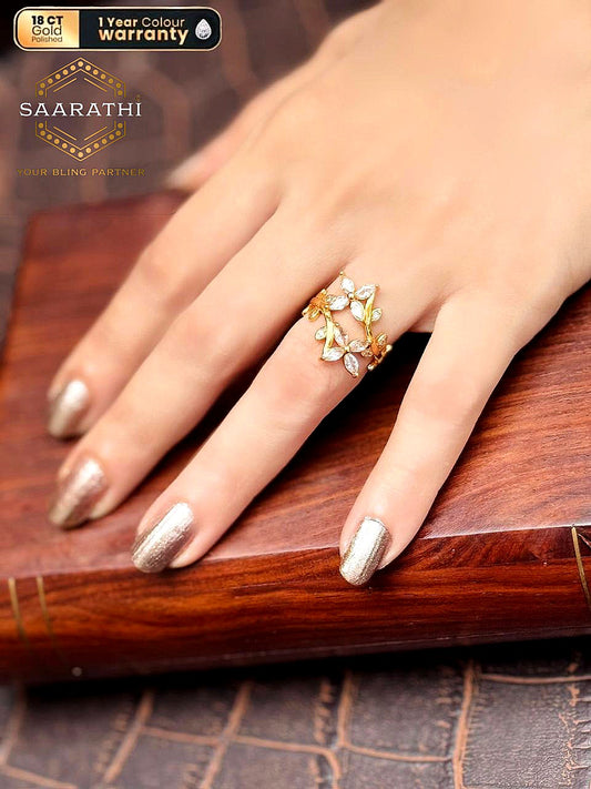 18CT Gold-Polished White Stone Floral Vine Botanical Ring