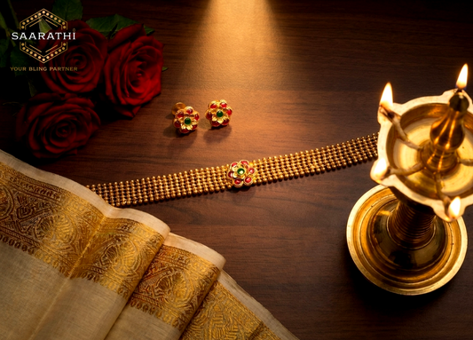 Gold-Toned Mesh Choker Necklace Set with Red and Green Floral Button-Style Studs