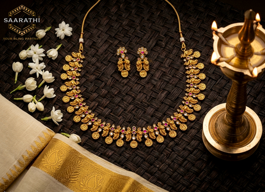 Traditional Gold-Toned Lakshmi Kasumala/Coin Necklace Set with Peacock motifs