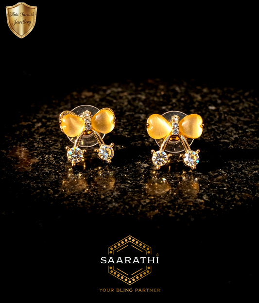 Gold-Toned Anti-Tarnish Bow Stud Earrings with White CZ Stones