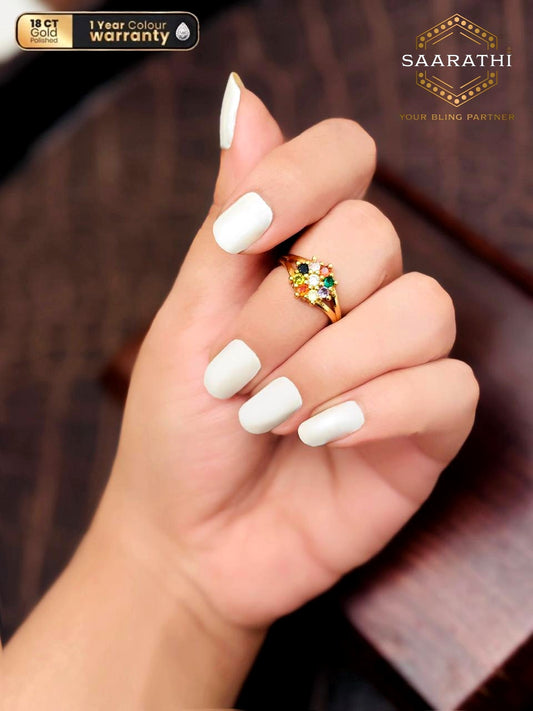 18CT Gold-Polished Traditional Navratna-Inspired Stone Cluster Ring