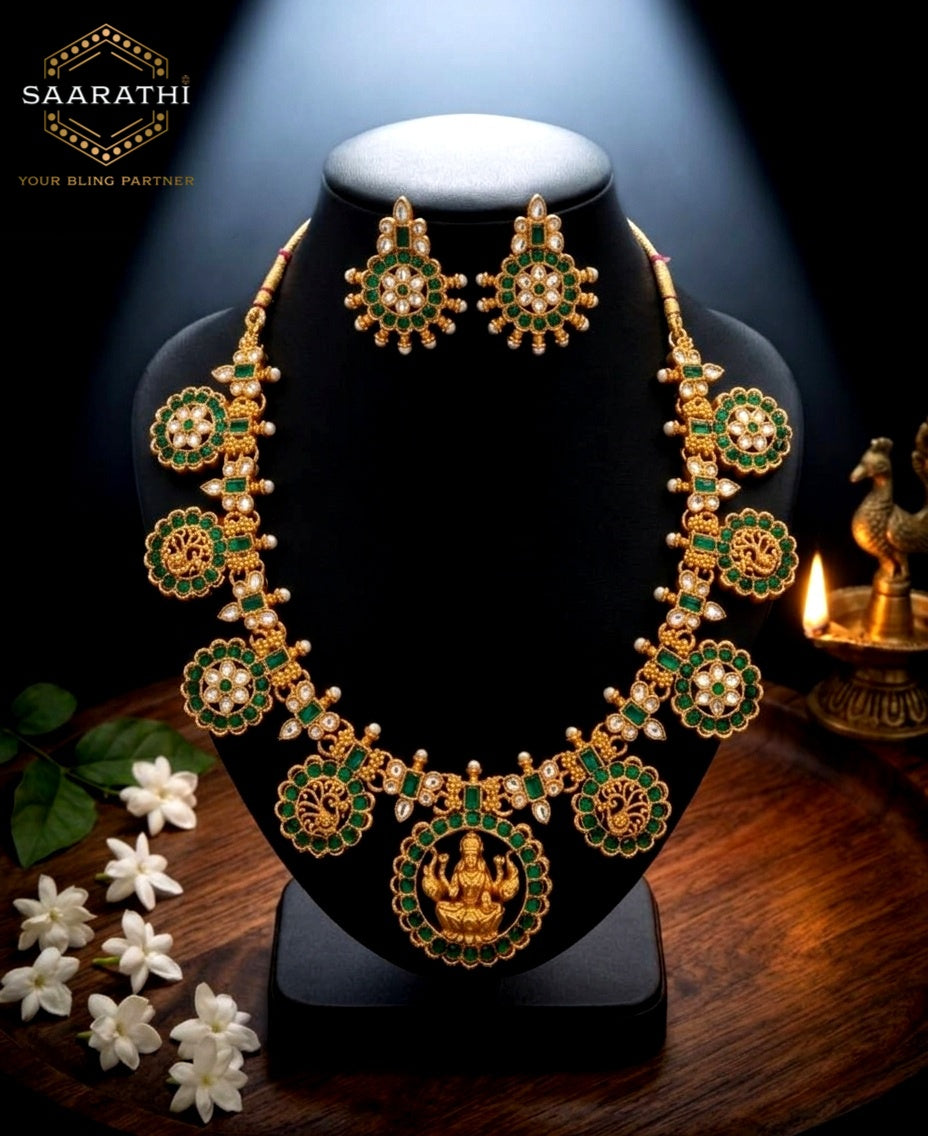 Green Antique Gold-Toned Lakshmi Temple Necklace Set