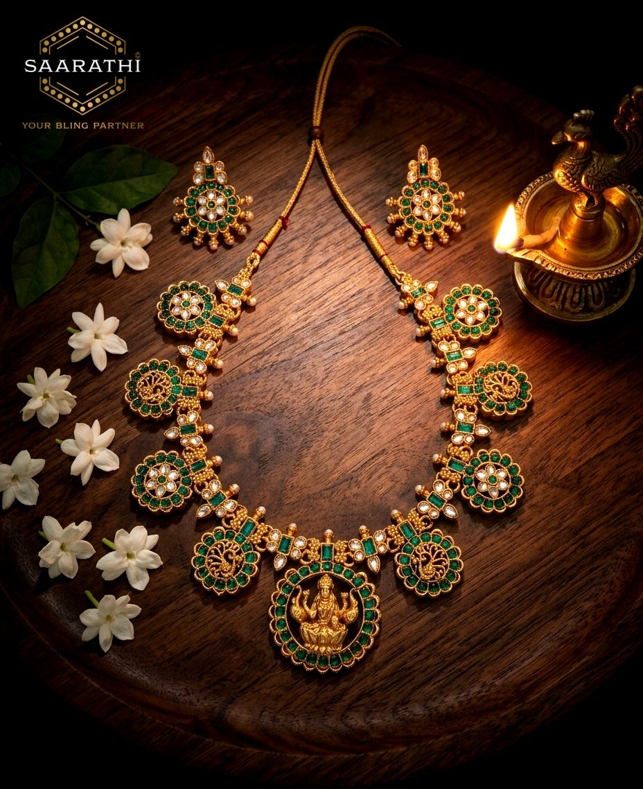 Green Antique Gold-Toned Lakshmi Temple Necklace Set