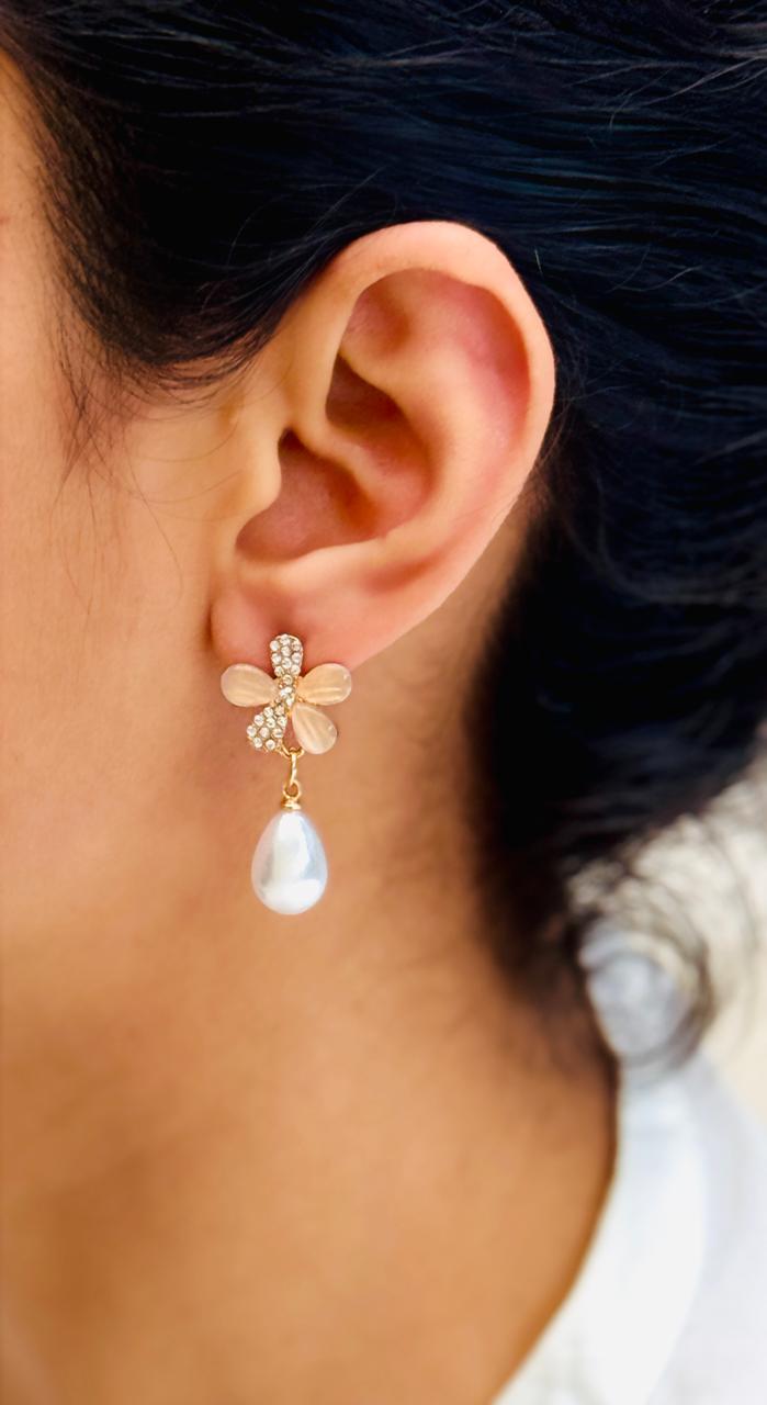 Gold-Toned Anti-Tarnish Floral Pearl and White CZ Drop Earrings