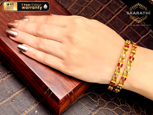 18CT Gold-Polished Bangles with Baguette-Cut Ruby Red and White CZ Stones