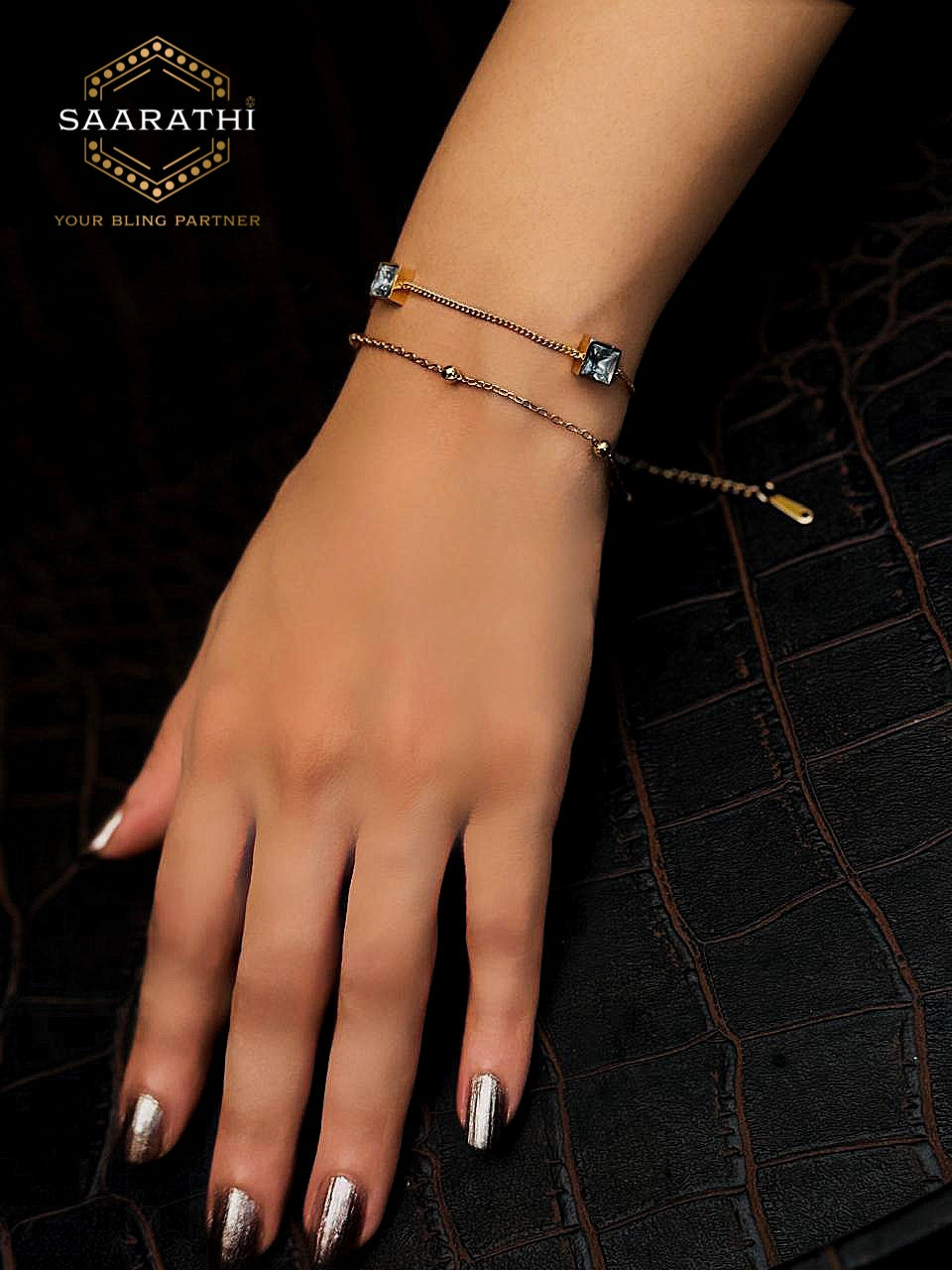 Double-Layered Gold-toned Square Cubic Zirconia Stone Bracelet