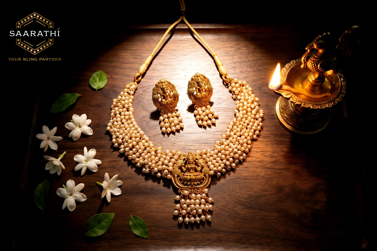 Antique Gold-Toned Pearl Guttapusalu Lakshmi Temple Necklace Set