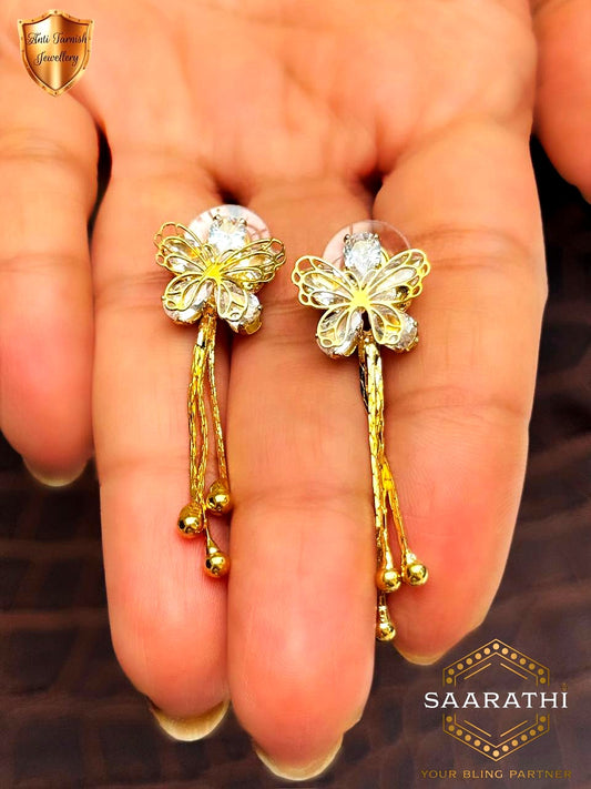Gold-Toned Anti-Tarnish CZ Flower and Butterfly Dangle Earrings with Gold Bead Tassels