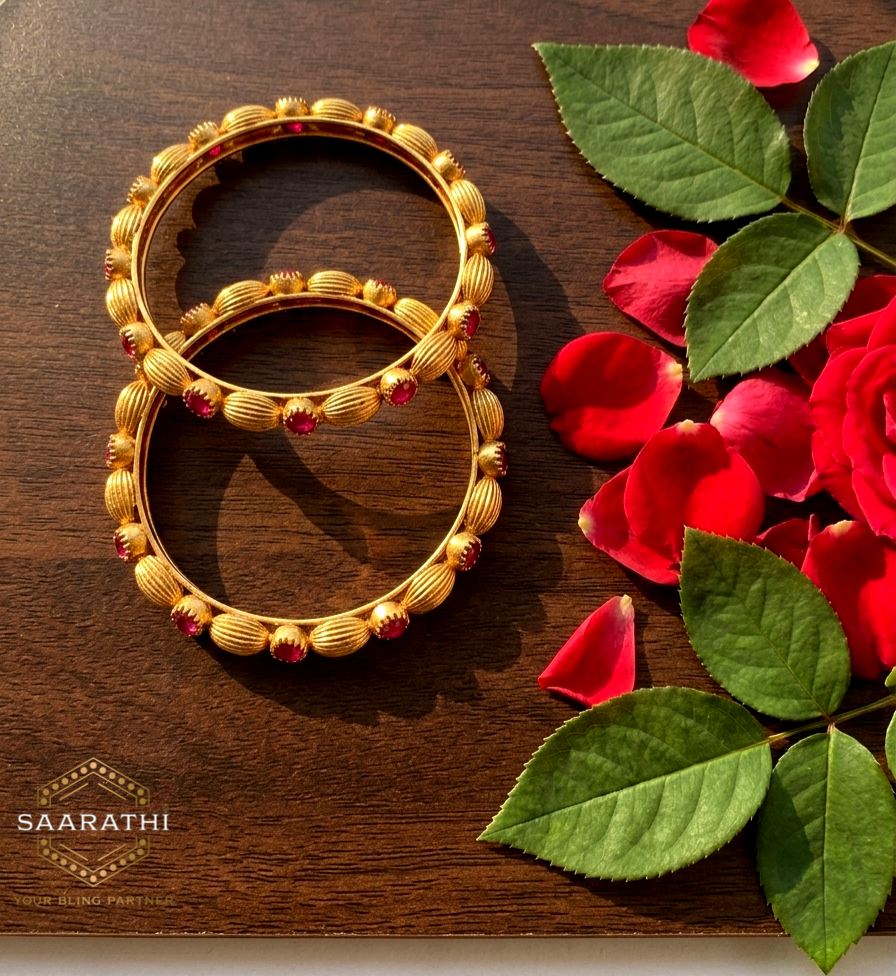 Traditional Gold-Toned Ruby-Red Antique Bangles