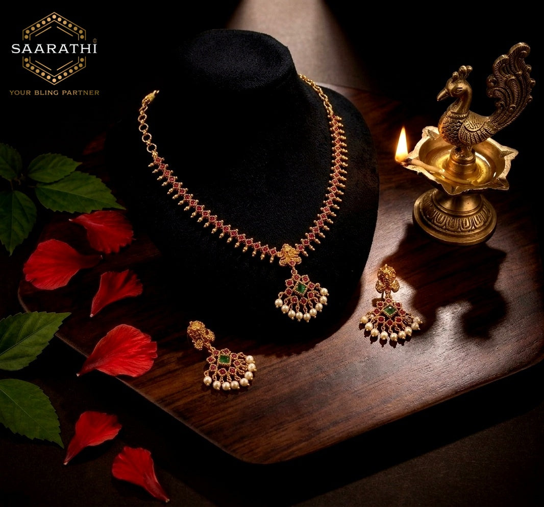 Traditional Gold-Toned Ruby-Red and Emerald-Green Pearl Necklace Set