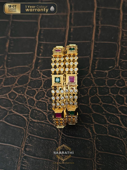 Exquisite 18CT Gold-Polished White, Pink and Green Stone Bangles